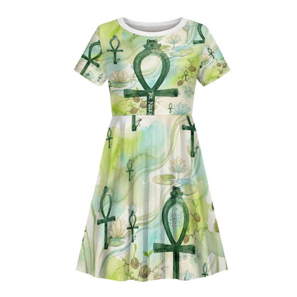 Heqet Nile Ankh Symbol Kid Short Sleeve Dress Egyptian Lotus Motif in Watercolor Life Theme