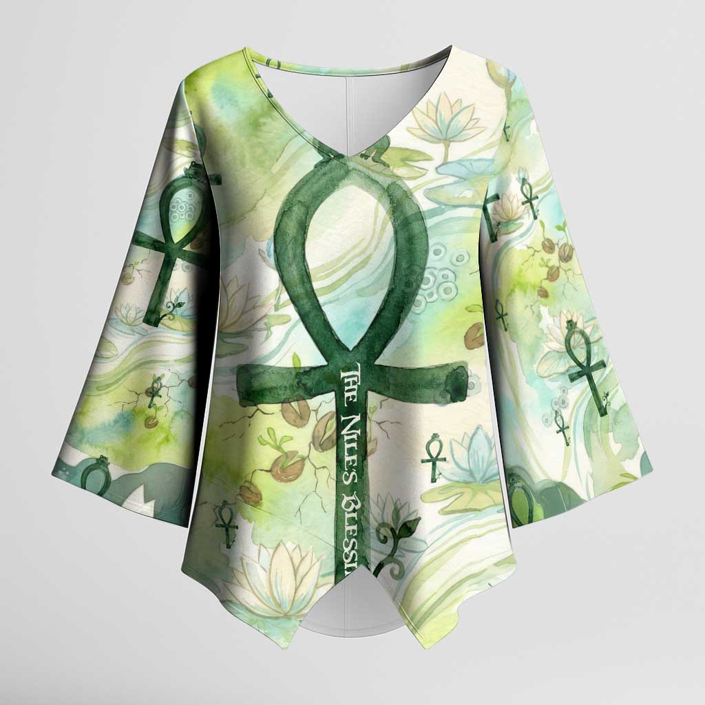 Heqet Nile Ankh Symbol Kimono Sleeve Blouse Egyptian Lotus Motif in Watercolor Life Theme