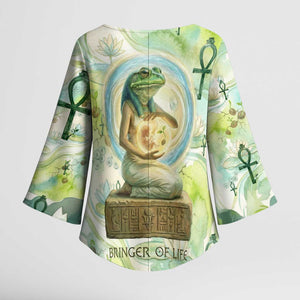 Heqet Nile Ankh Symbol Kimono Sleeve Blouse Egyptian Lotus Motif in Watercolor Life Theme