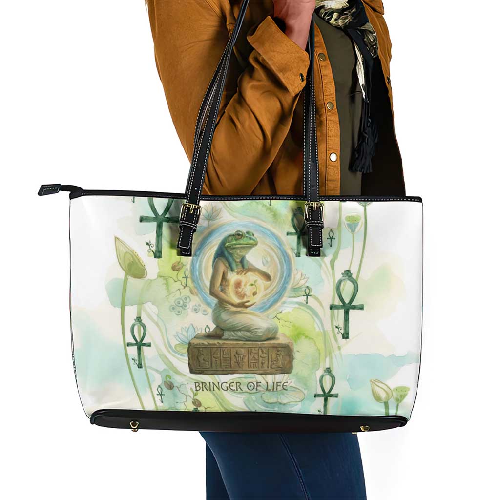 Heqet Nile Ankh Symbol Leather Tote Bag Egyptian Lotus Motif in Watercolor Life Theme