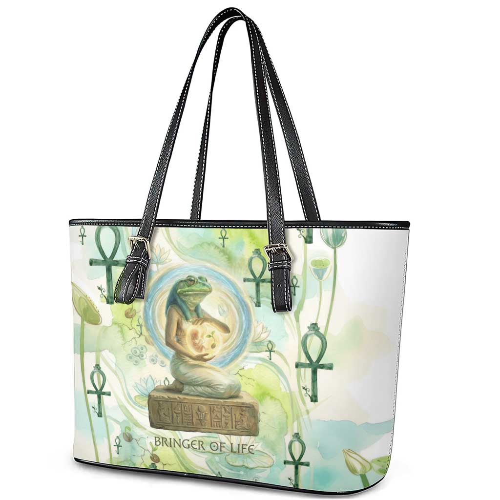 Heqet Nile Ankh Symbol Leather Tote Bag Egyptian Lotus Motif in Watercolor Life Theme