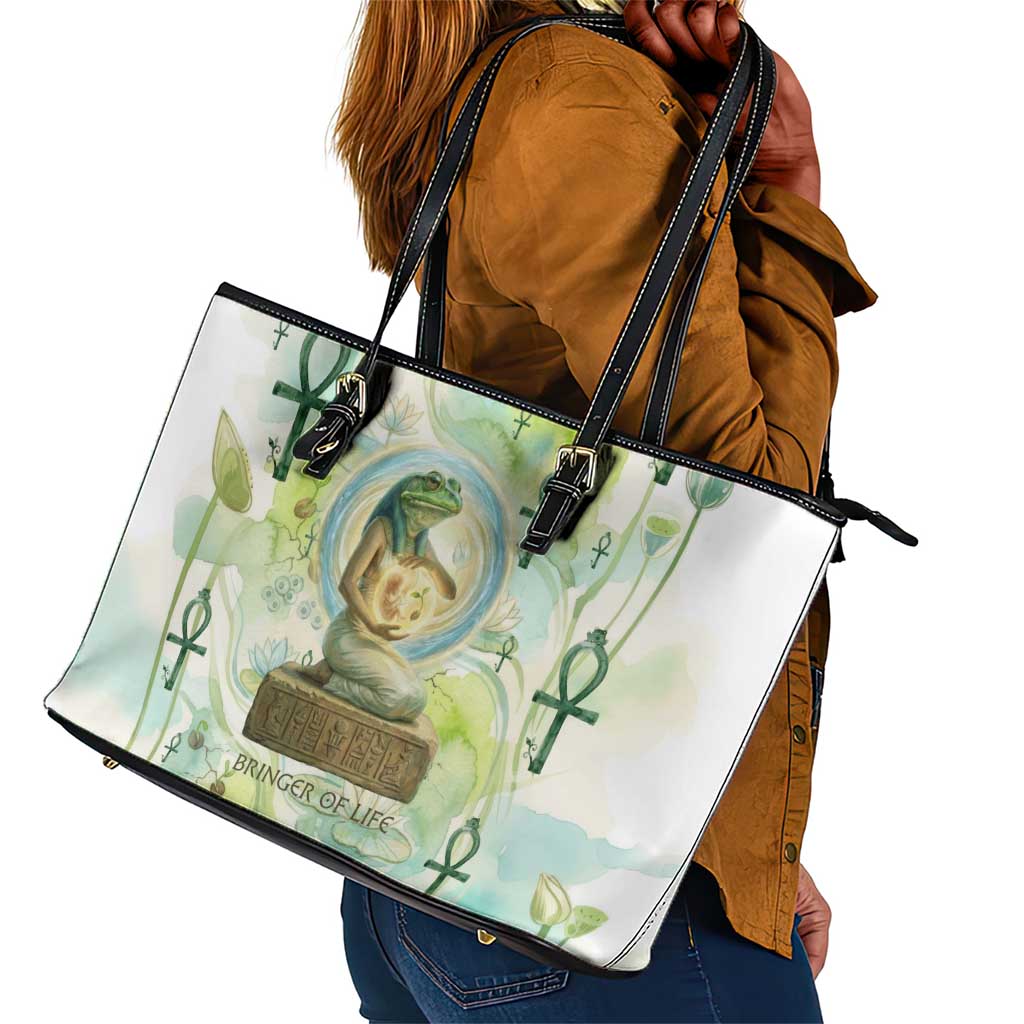 Heqet Nile Ankh Symbol Leather Tote Bag Egyptian Lotus Motif in Watercolor Life Theme