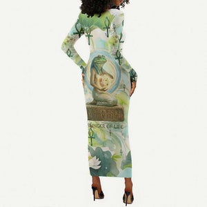 Heqet Nile Ankh Symbol Long Sleeve Bodycon Dress Egyptian Lotus Motif in Watercolor Life Theme