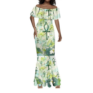 Heqet Nile Ankh Symbol Mermaid Dress Egyptian Lotus Motif in Watercolor Life Theme