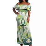 Heqet Nile Ankh Symbol Off Shoulder Maxi Dress Egyptian Lotus Motif in Watercolor Life Theme