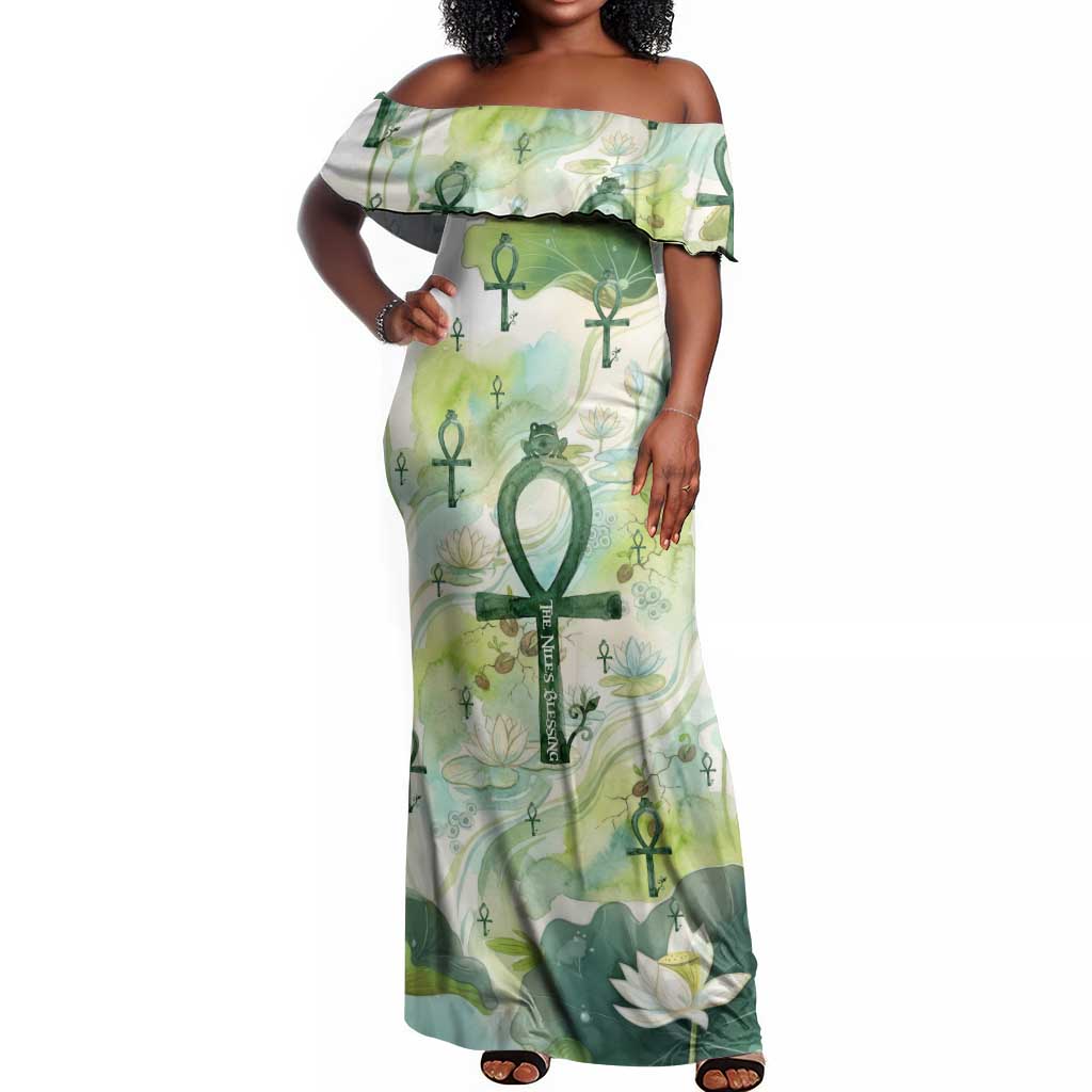 Heqet Nile Ankh Symbol Off Shoulder Maxi Dress Egyptian Lotus Motif in Watercolor Life Theme
