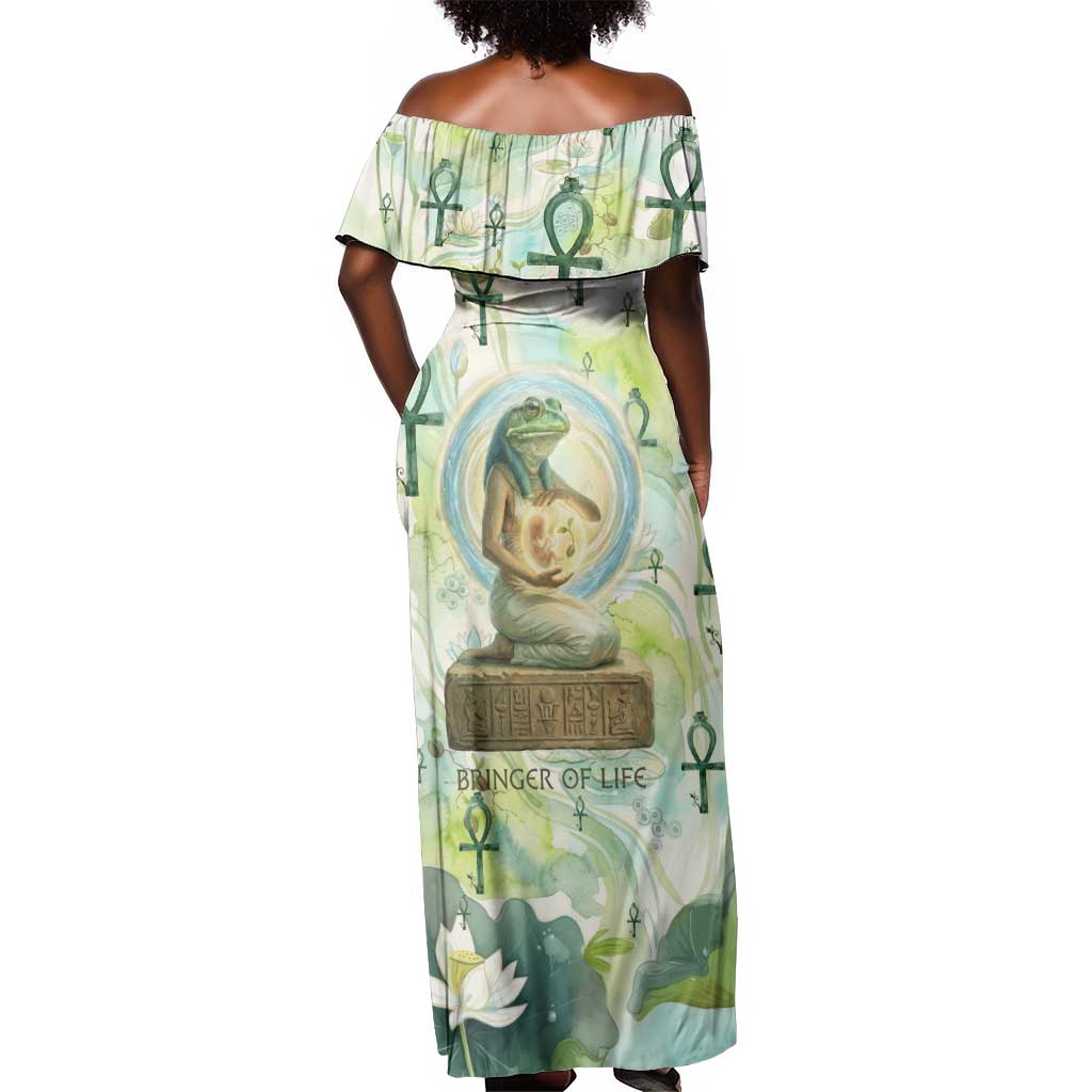 Heqet Nile Ankh Symbol Off Shoulder Maxi Dress Egyptian Lotus Motif in Watercolor Life Theme