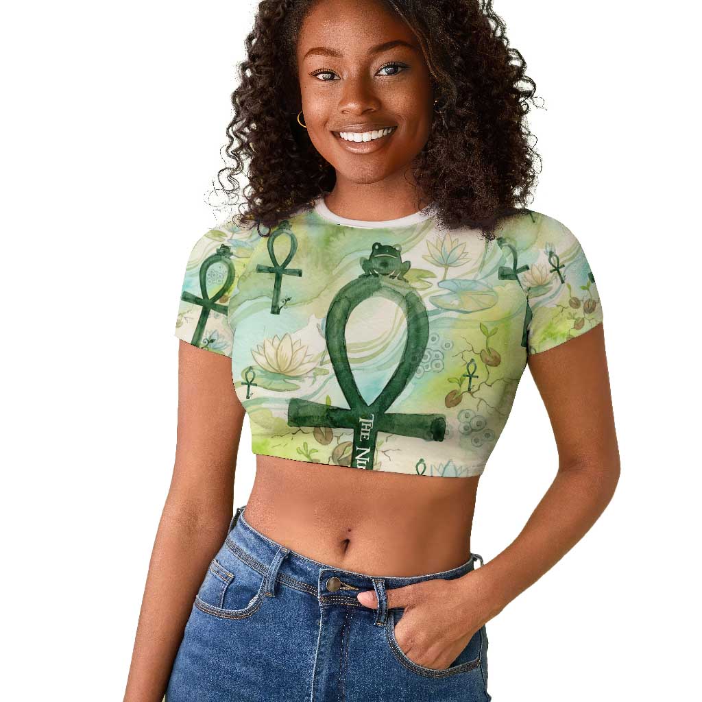 Heqet Nile Ankh Symbol Raglan Cropped T shirt Egyptian Lotus Motif in Watercolor Life Theme