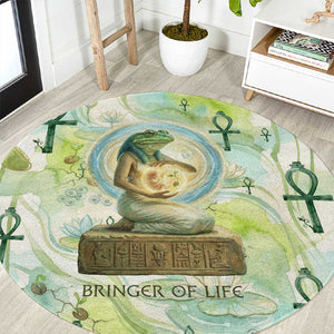 Heqet Nile Ankh Symbol Round Carpet Egyptian Lotus Motif in Watercolor Life Theme