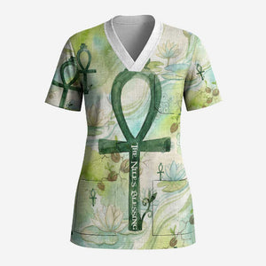 Heqet Nile Ankh Symbol Scrub Top Egyptian Lotus Motif in Watercolor Life Theme