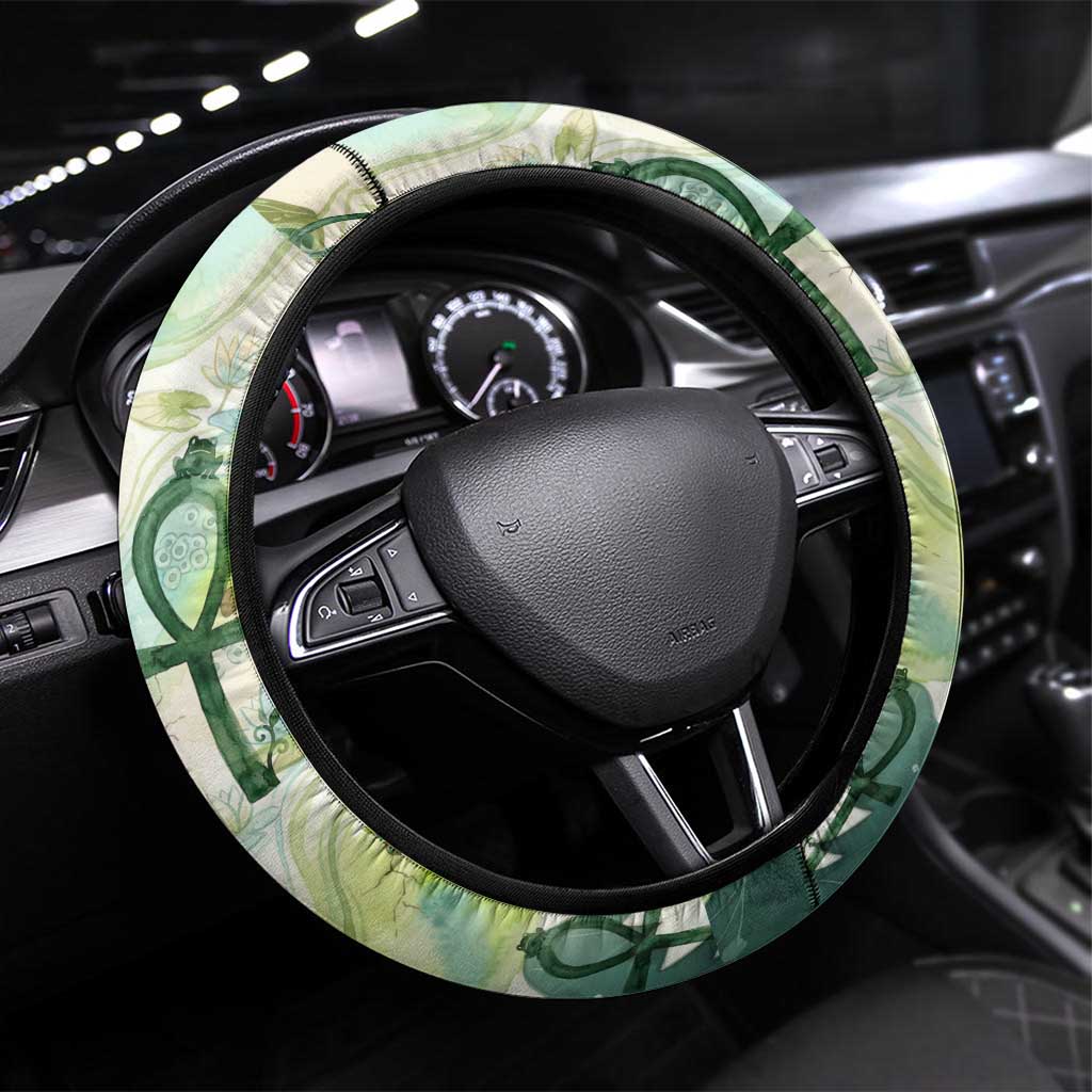 Heqet Nile Ankh Symbol Steering Wheel Cover Egyptian Lotus Motif in Watercolor Life Theme