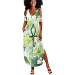 Heqet Nile Ankh Symbol Summer Maxi Dress Egyptian Lotus Motif in Watercolor Life Theme