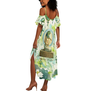 Heqet Nile Ankh Symbol Summer Maxi Dress Egyptian Lotus Motif in Watercolor Life Theme
