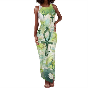 Heqet Nile Ankh Symbol Tank Maxi Dress Egyptian Lotus Motif in Watercolor Life Theme