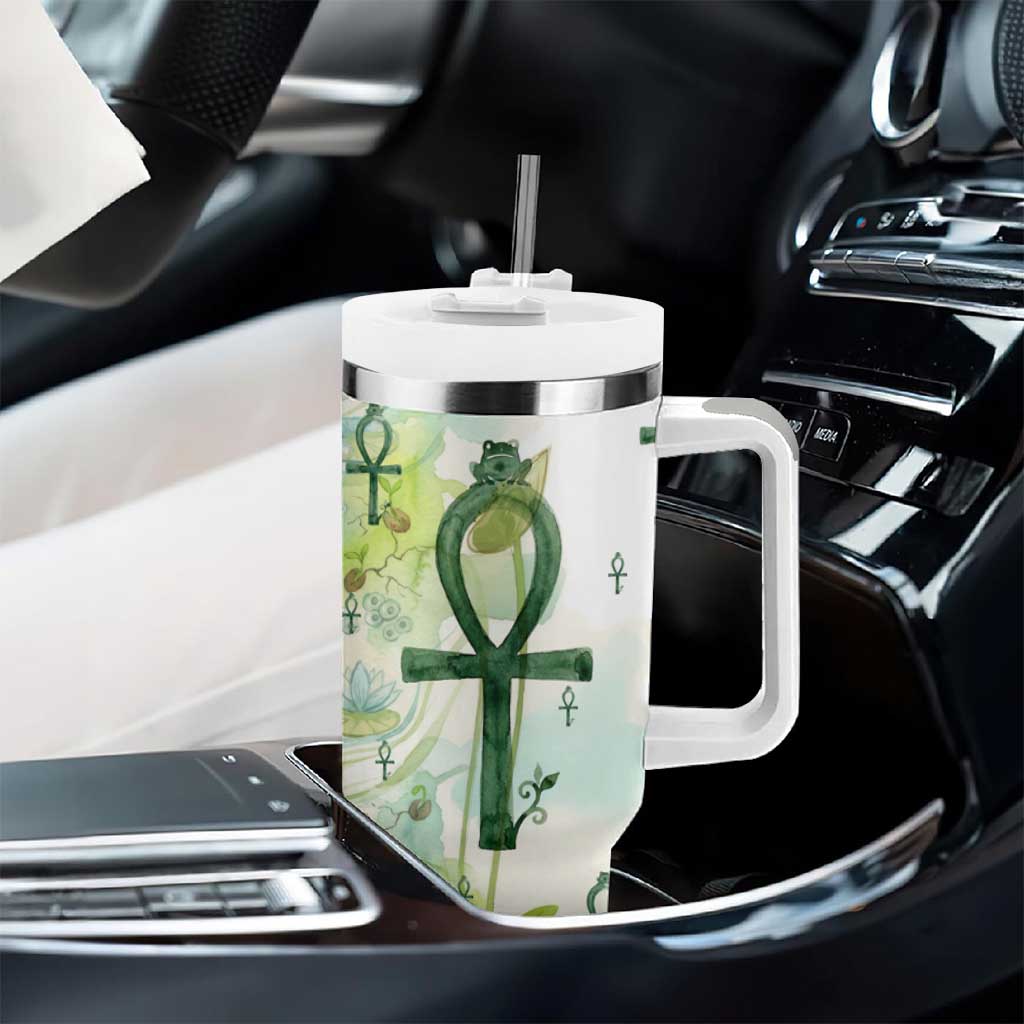 Heqet Nile Ankh Symbol Tumbler With Handle Egyptian Lotus Motif in Watercolor Life Theme
