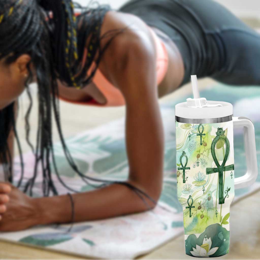 Heqet Nile Ankh Symbol Tumbler With Handle Egyptian Lotus Motif in Watercolor Life Theme