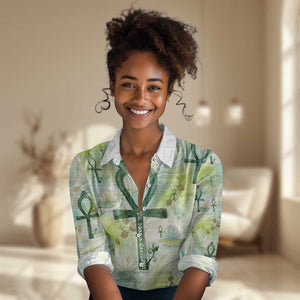 Heqet Nile Ankh Symbol Women Casual Shirt Egyptian Lotus Motif in Watercolor Life Theme