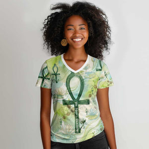 Heqet Nile Ankh Symbol Women V-Neck T-Shirt Egyptian Lotus Motif in Watercolor Life Theme