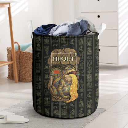 Heqet Ornate Frog Egyptian Laundry Basket with Hieroglyphic Backdrop in Creation Theme