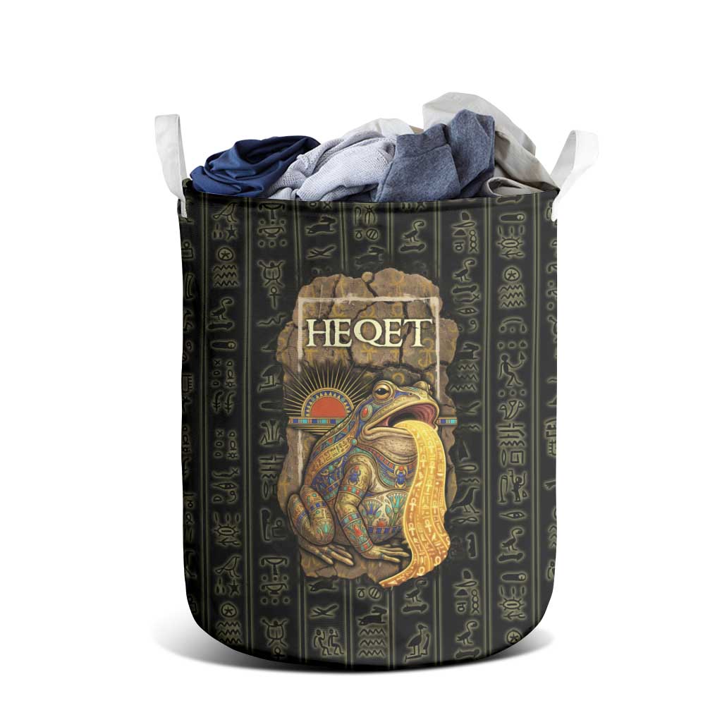 Heqet Ornate Frog Egyptian Laundry Basket with Hieroglyphic Backdrop in Creation Theme