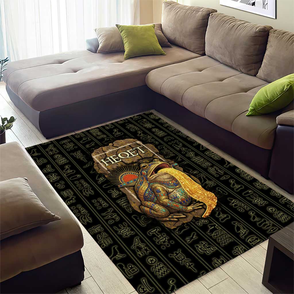 Heqet Ornate Frog Egyptian Area Rug with Hieroglyphic Backdrop in Creation Theme