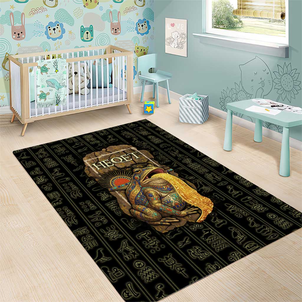 Heqet Ornate Frog Egyptian Area Rug with Hieroglyphic Backdrop in Creation Theme