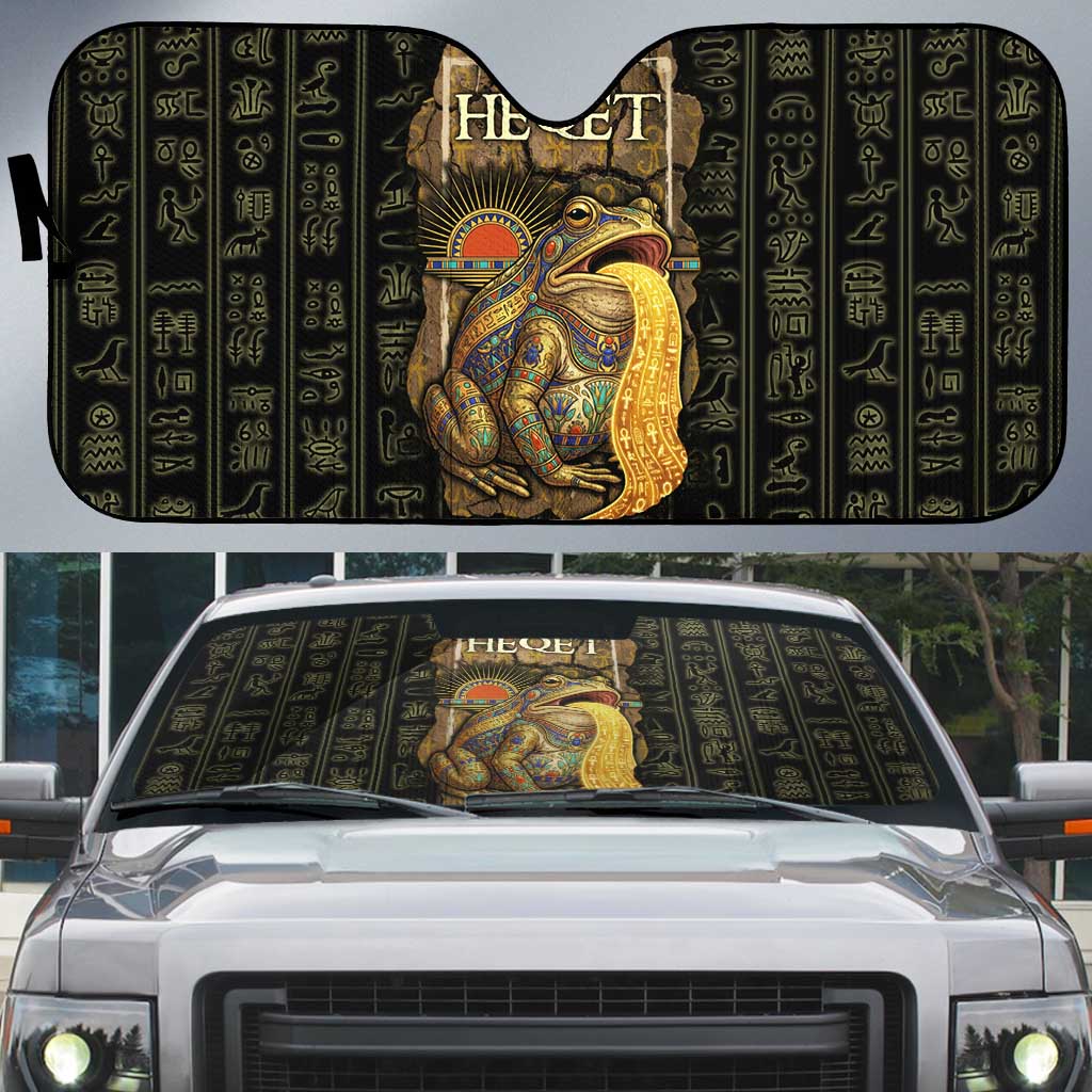 Heqet Ornate Frog Egyptian Auto Sun Shade with Hieroglyphic Backdrop in Creation Theme