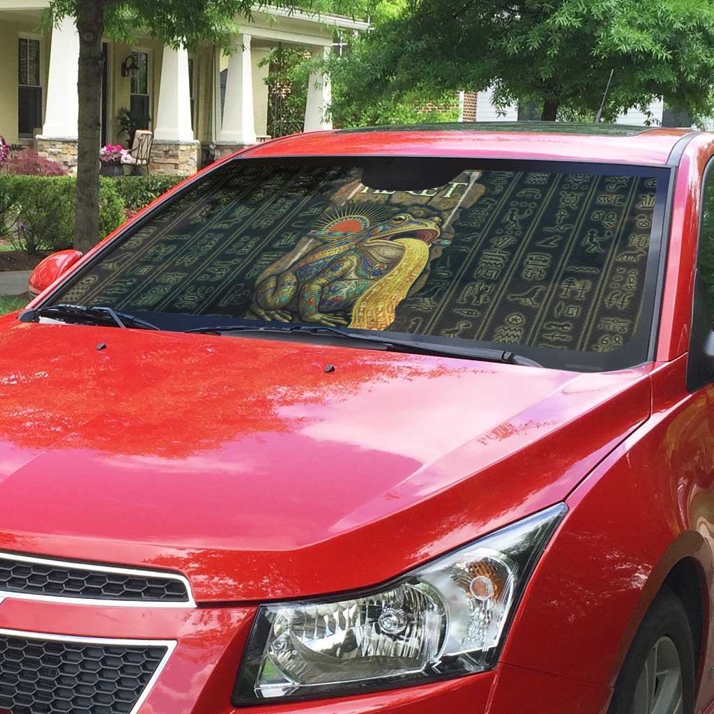Heqet Ornate Frog Egyptian Auto Sun Shade with Hieroglyphic Backdrop in Creation Theme