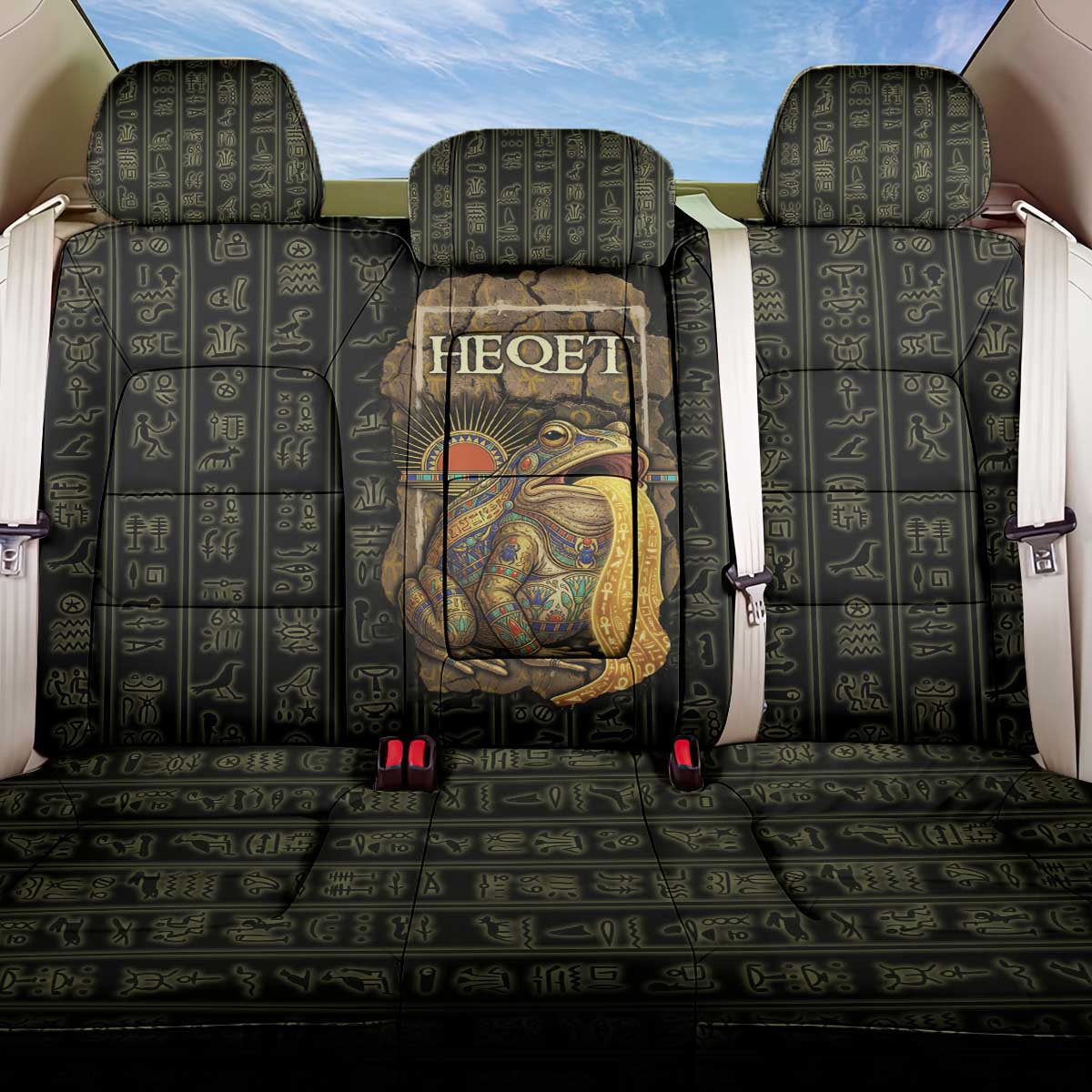 Heqet Ornate Frog Egyptian Back Car Seat Cover with Hieroglyphic Backdrop in Creation Theme