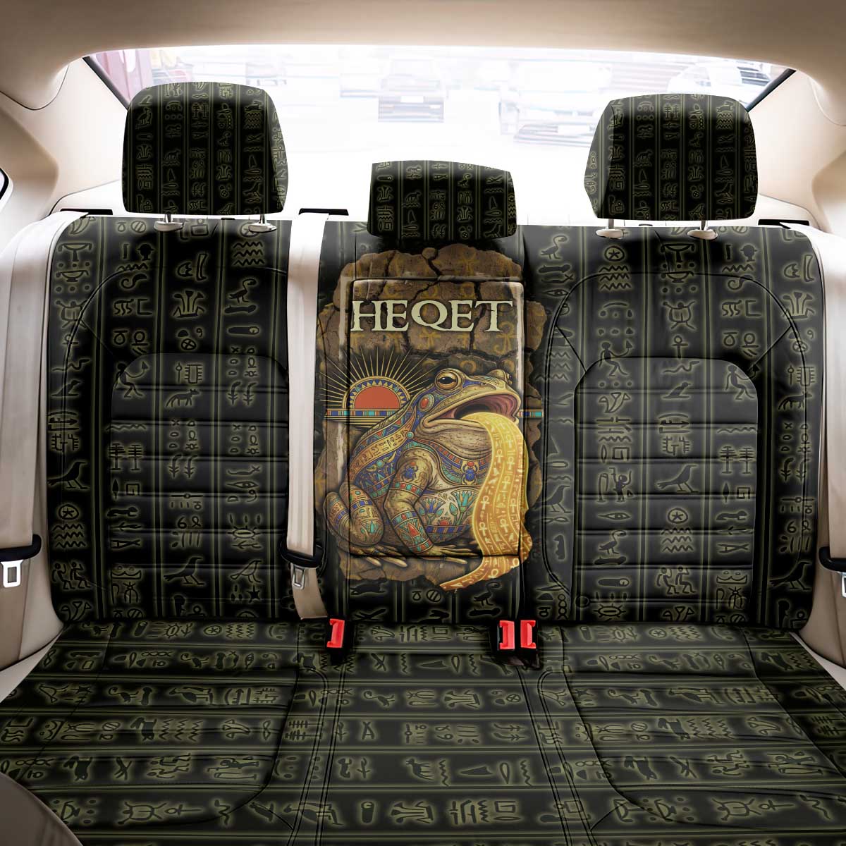 Heqet Ornate Frog Egyptian Back Car Seat Cover with Hieroglyphic Backdrop in Creation Theme