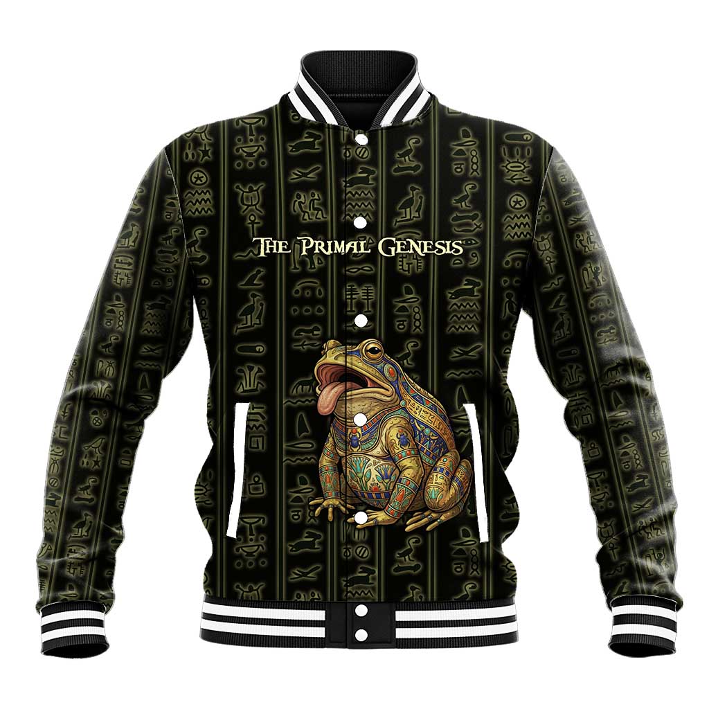 Heqet Ornate Frog Egyptian Baseball Jacket with Hieroglyphic Backdrop in Creation Theme