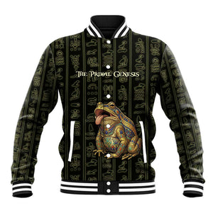 Heqet Ornate Frog Egyptian Baseball Jacket with Hieroglyphic Backdrop in Creation Theme