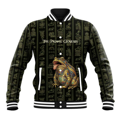 Heqet Ornate Frog Egyptian Baseball Jacket with Hieroglyphic Backdrop in Creation Theme