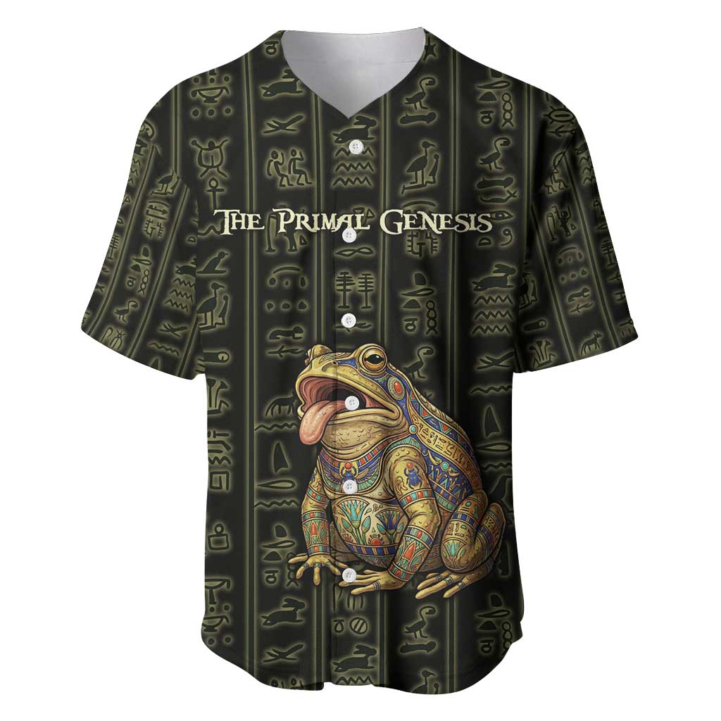 Heqet Ornate Frog Egyptian Baseball Jersey with Hieroglyphic Backdrop in Creation Theme