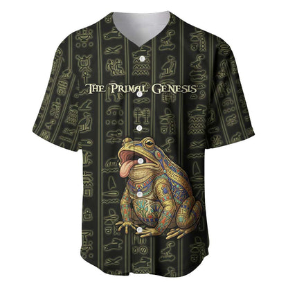 Heqet Ornate Frog Egyptian Baseball Jersey with Hieroglyphic Backdrop in Creation Theme