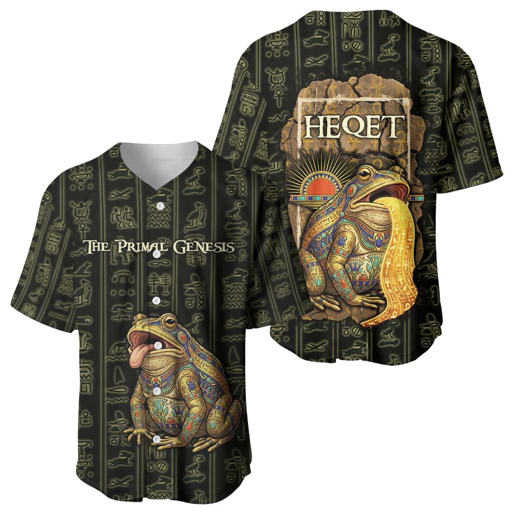 Heqet Ornate Frog Egyptian Baseball Jersey with Hieroglyphic Backdrop in Creation Theme