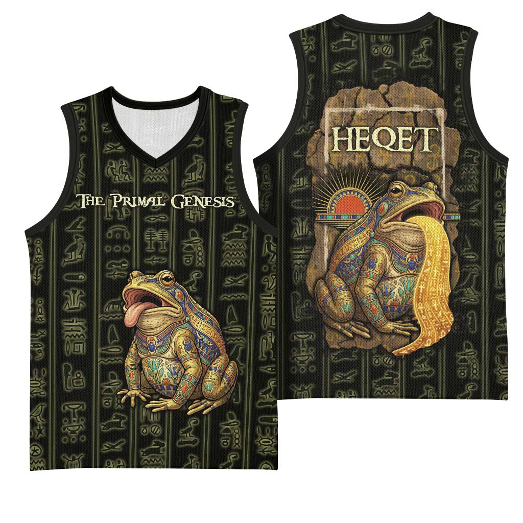 Heqet Ornate Frog Egyptian Basketball Jersey with Hieroglyphic Backdrop in Creation Theme