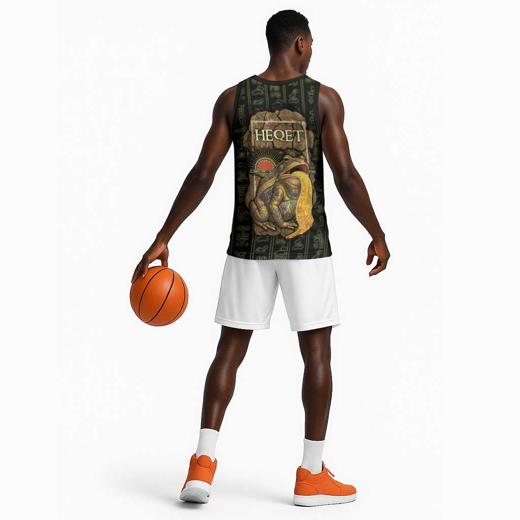 Heqet Ornate Frog Egyptian Basketball Jersey with Hieroglyphic Backdrop in Creation Theme