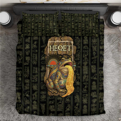 Heqet Ornate Frog Egyptian Bedding Set with Hieroglyphic Backdrop in Creation Theme