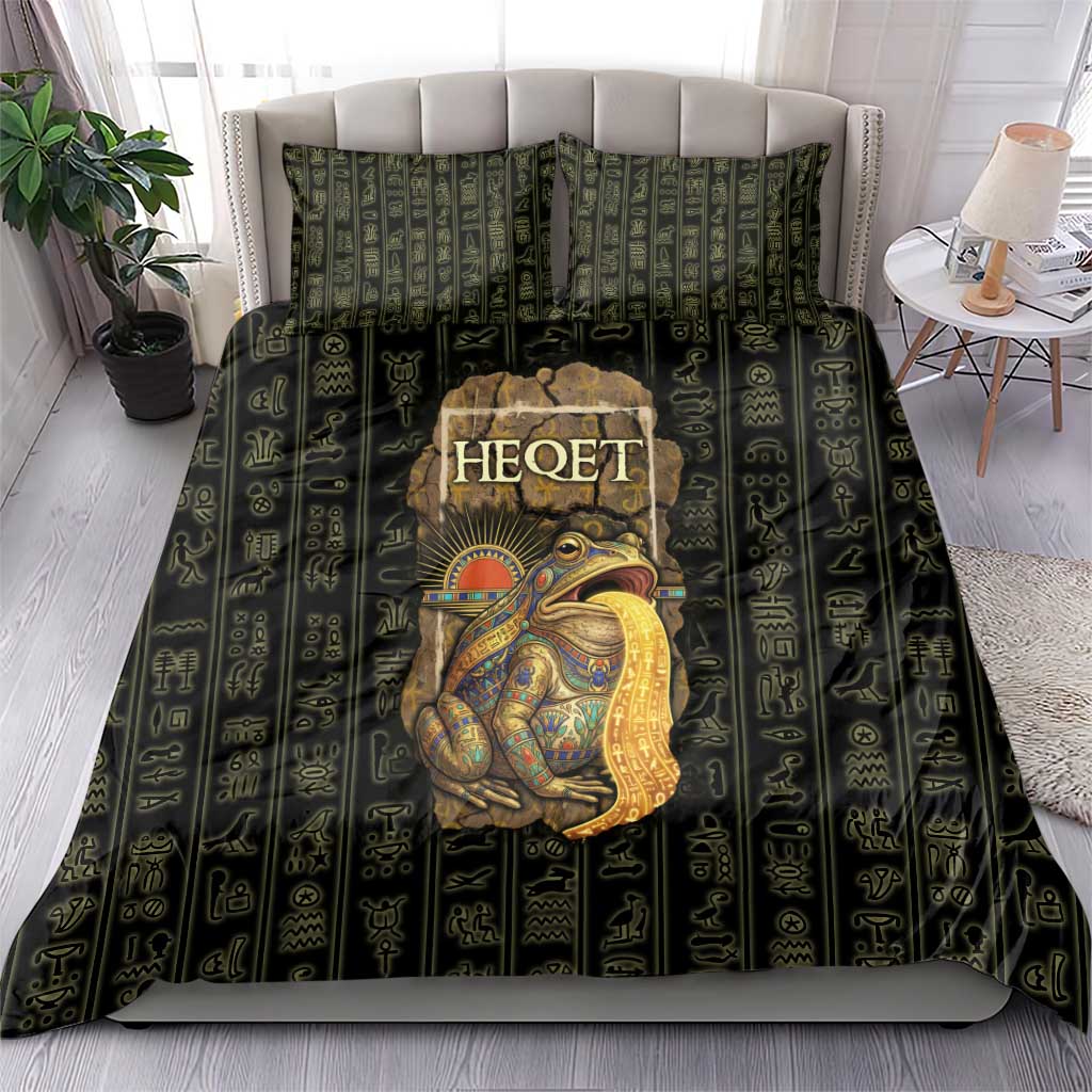 Heqet Ornate Frog Egyptian Bedding Set with Hieroglyphic Backdrop in Creation Theme