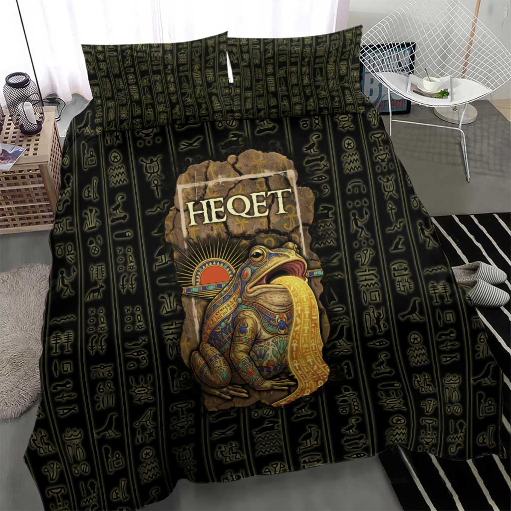 Heqet Ornate Frog Egyptian Bedding Set with Hieroglyphic Backdrop in Creation Theme