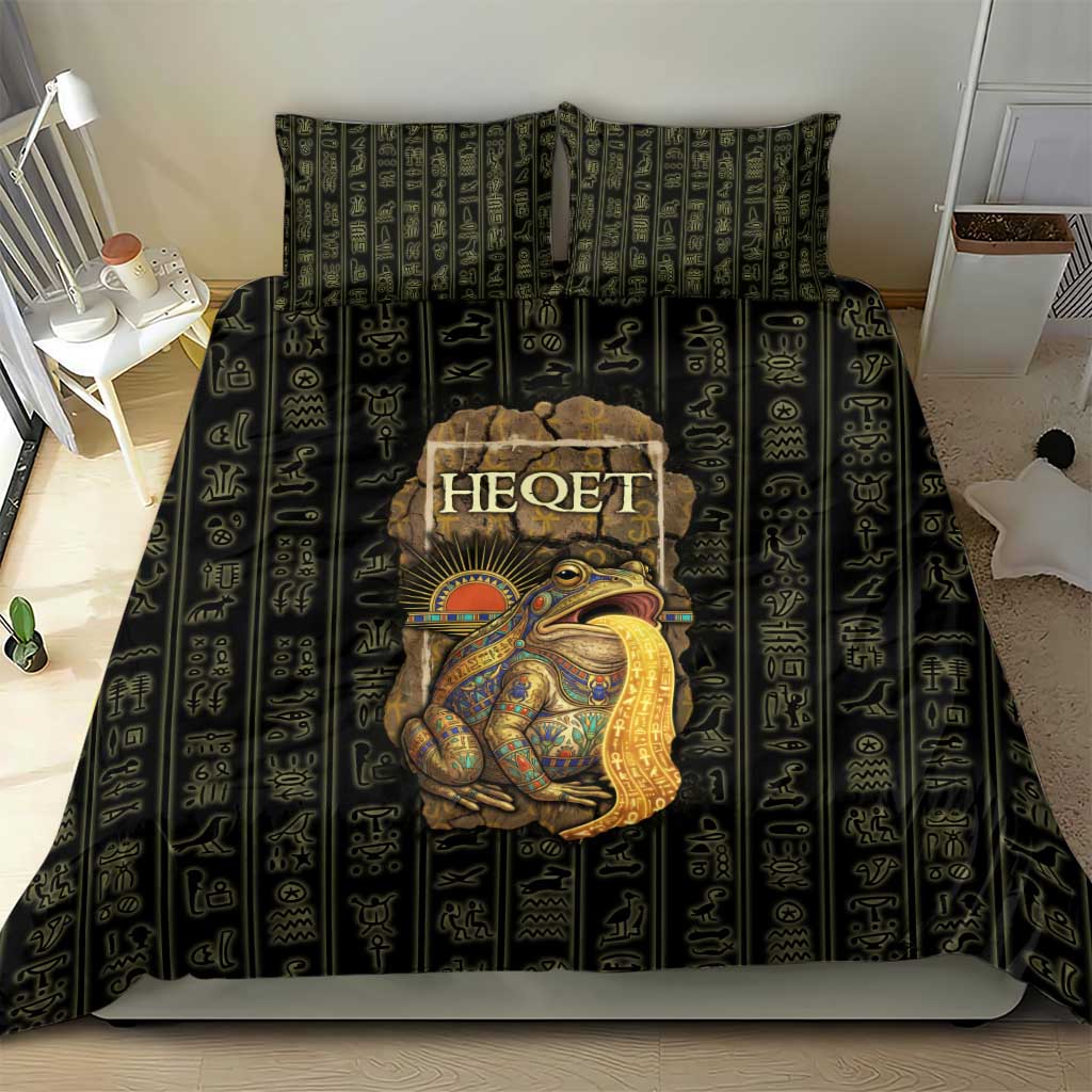 Heqet Ornate Frog Egyptian Bedding Set with Hieroglyphic Backdrop in Creation Theme