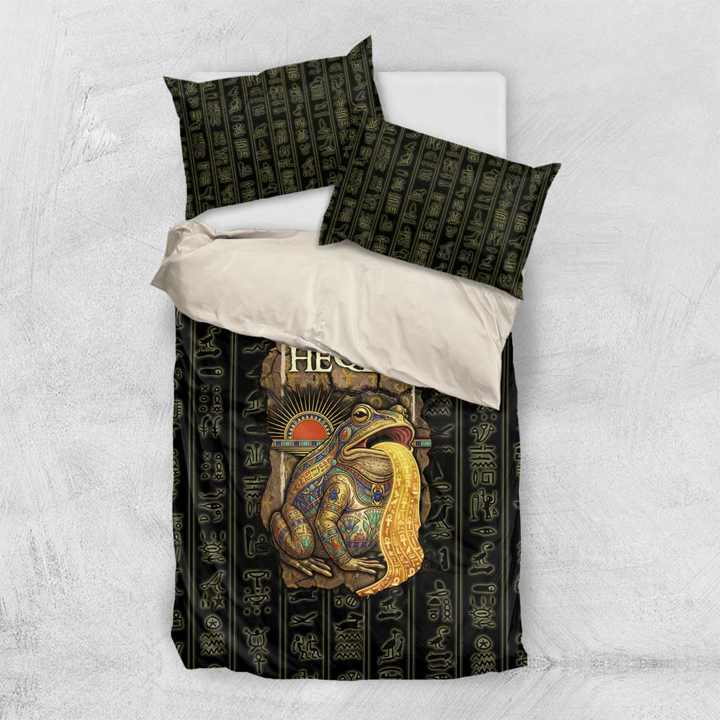 Heqet Ornate Frog Egyptian Bedding Set with Hieroglyphic Backdrop in Creation Theme