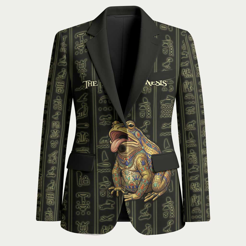 Heqet Ornate Frog Egyptian Blazer with Hieroglyphic Backdrop in Creation Theme