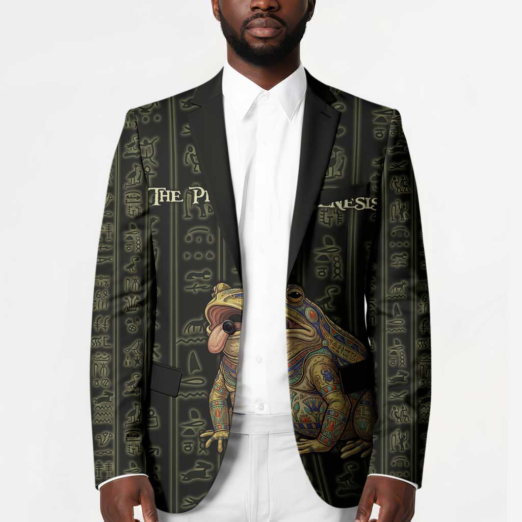 Heqet Ornate Frog Egyptian Blazer with Hieroglyphic Backdrop in Creation Theme
