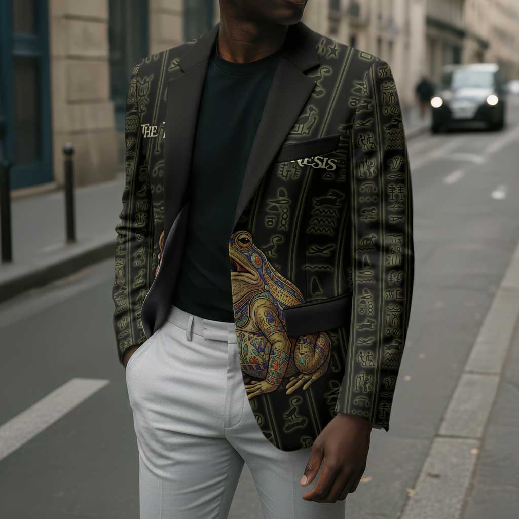 Heqet Ornate Frog Egyptian Blazer with Hieroglyphic Backdrop in Creation Theme