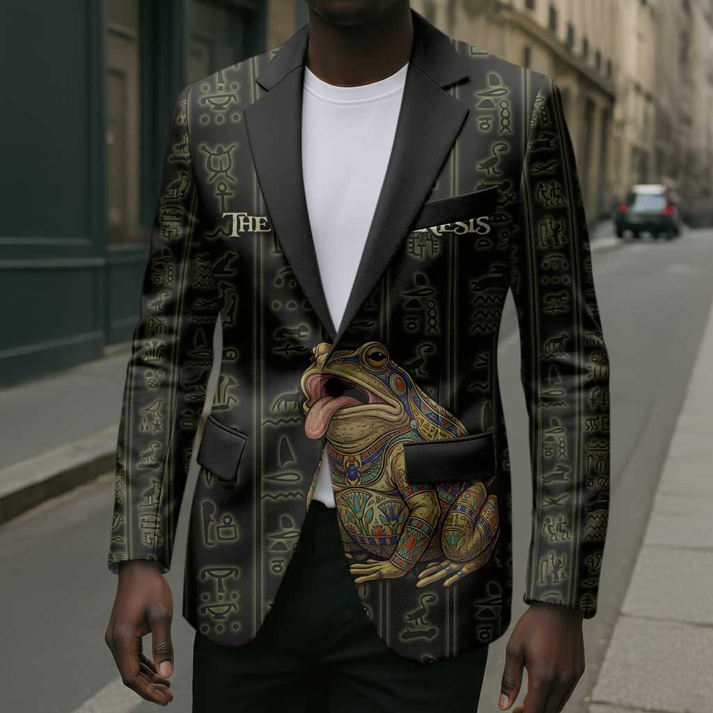 Heqet Ornate Frog Egyptian Blazer with Hieroglyphic Backdrop in Creation Theme