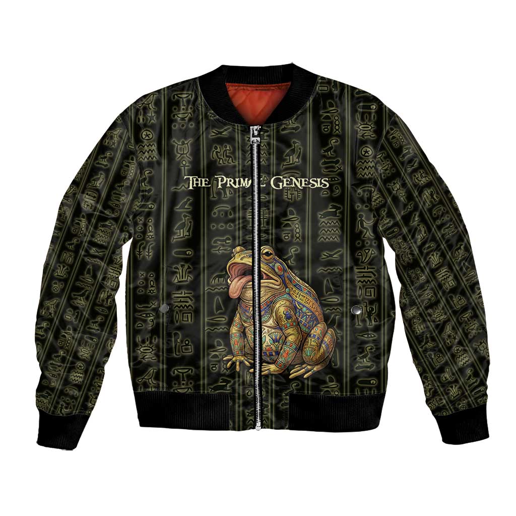 Heqet Ornate Frog Egyptian Bomber Jacket with Hieroglyphic Backdrop in Creation Theme