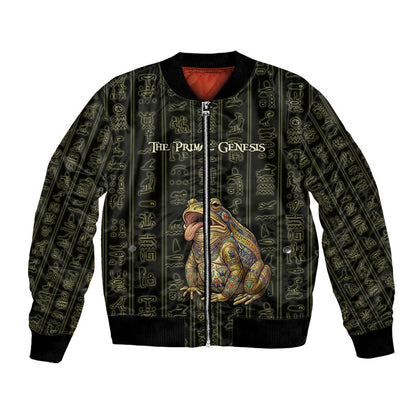 Heqet Ornate Frog Egyptian Bomber Jacket with Hieroglyphic Backdrop in Creation Theme