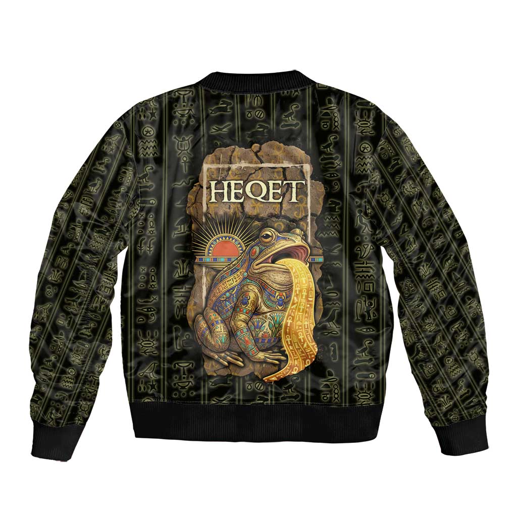 Heqet Ornate Frog Egyptian Bomber Jacket with Hieroglyphic Backdrop in Creation Theme